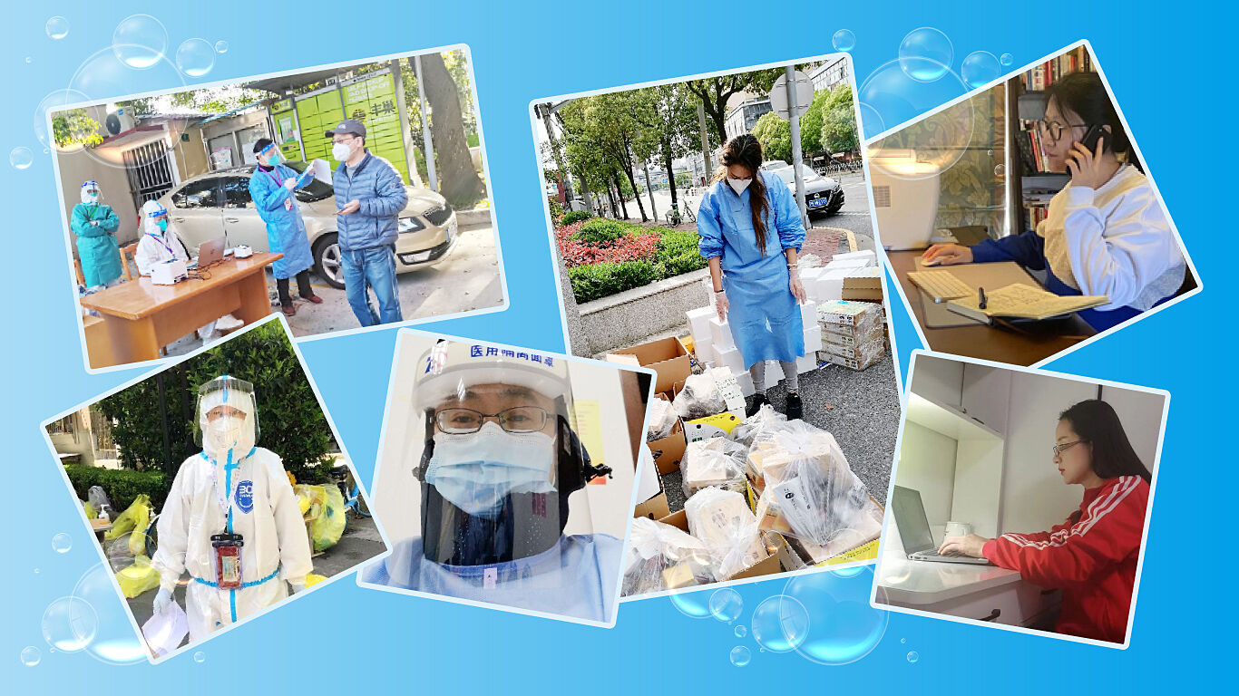 Watts China employees in a collage showing them volunteering on a blue background.
